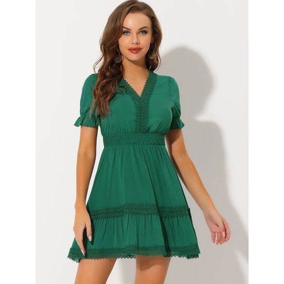 Boho Crochet Trim Puff Sleeve V Neck Smock Waist Ruffle Tier Dress Lake Green - Picture 2 of 5